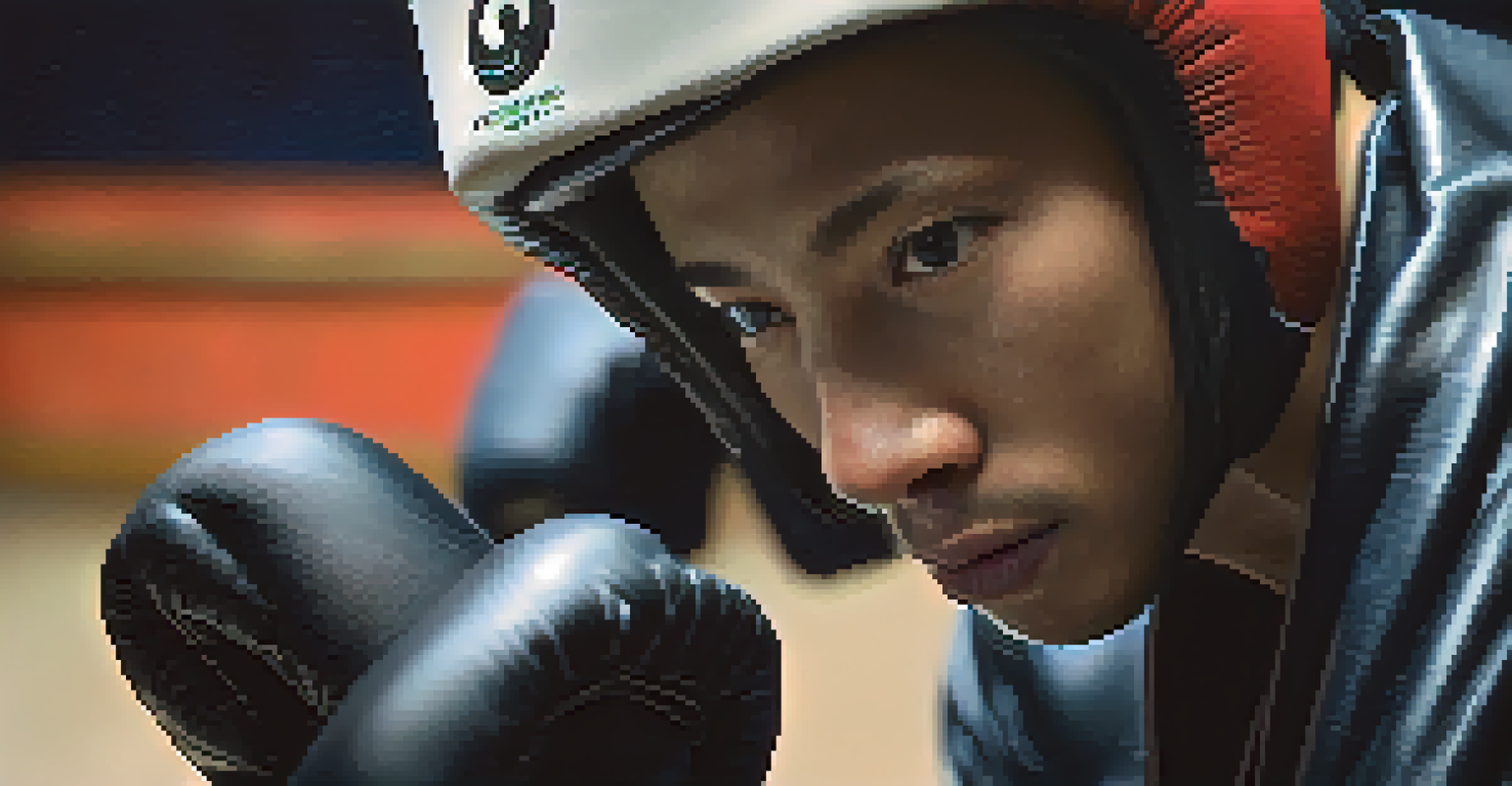 Close-up of a martial artist adjusting their protective gear, showing detailed textures and a focused expression, with a blurred background.