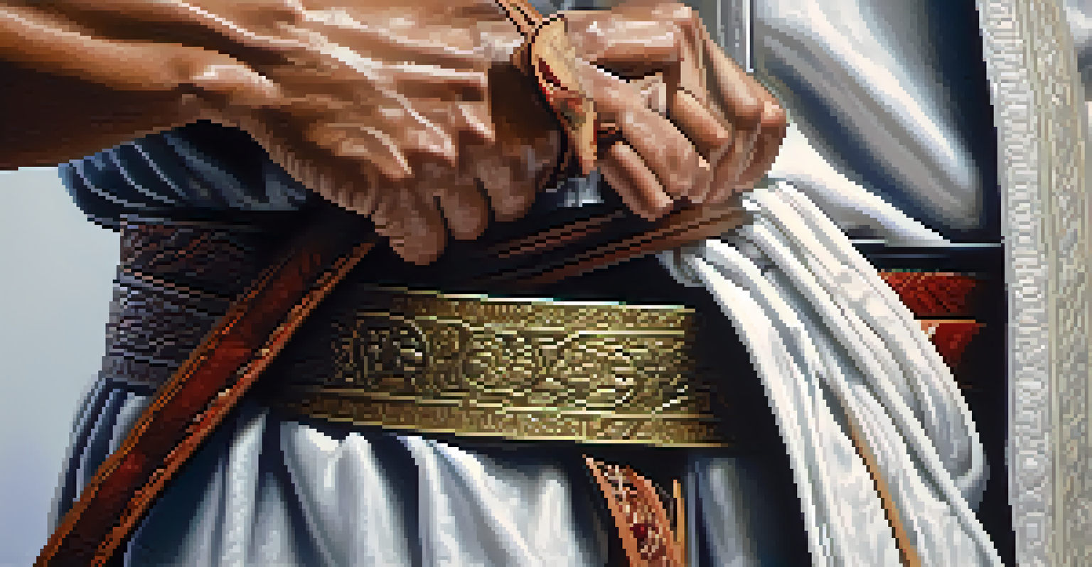 Close-up of a martial artist tying a belt, emphasizing the details of the fabric and the artist's concentration.