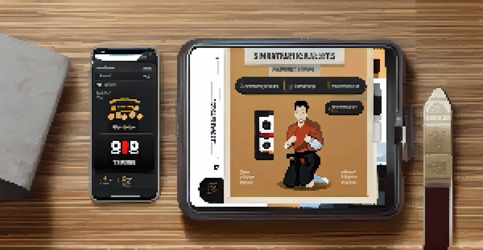 A smartphone showing a martial arts training app with instructional videos, placed on a wooden table with training equipment around.
