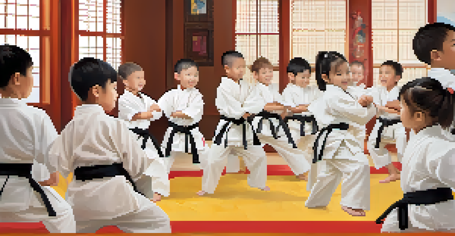 A group of children in martial arts uniforms practicing together in a dojo, showing teamwork and support.