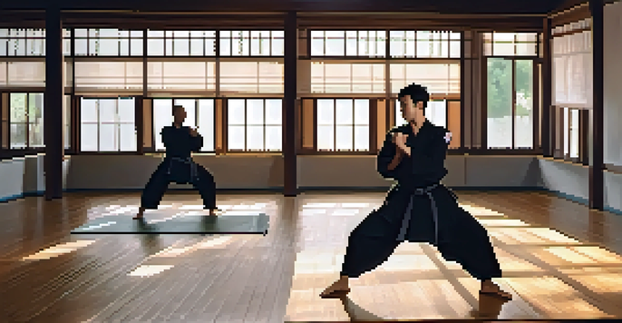 A martial artist performing dynamic stretches in a well-lit dojo, preparing for training.