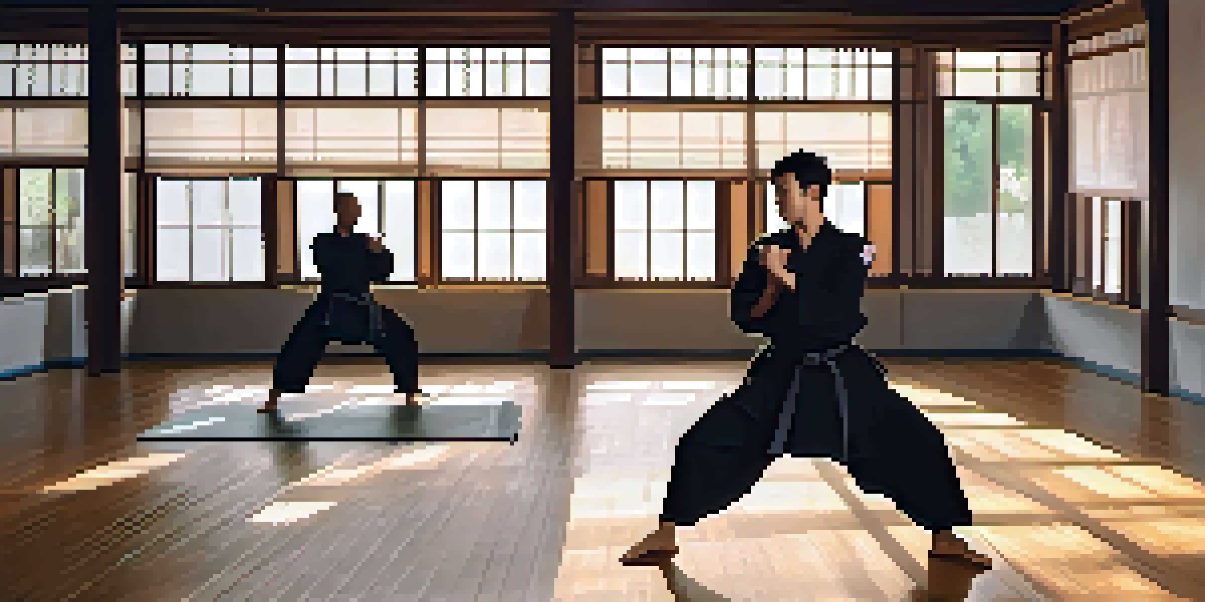 A martial artist performing dynamic stretches in a well-lit dojo, preparing for training.