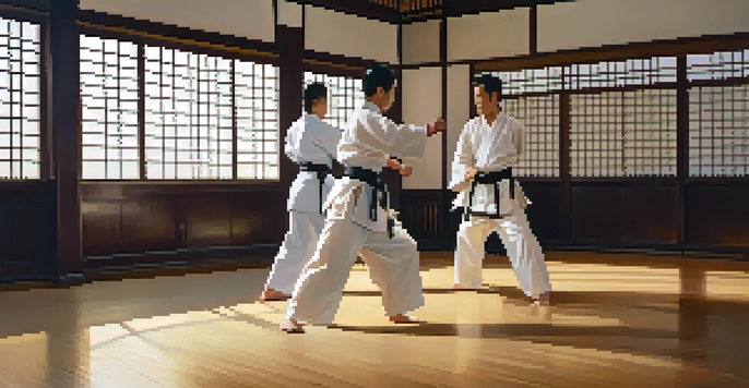 A diverse group of individuals practicing martial arts in a traditional dojo, with warm lighting and decorated walls.
