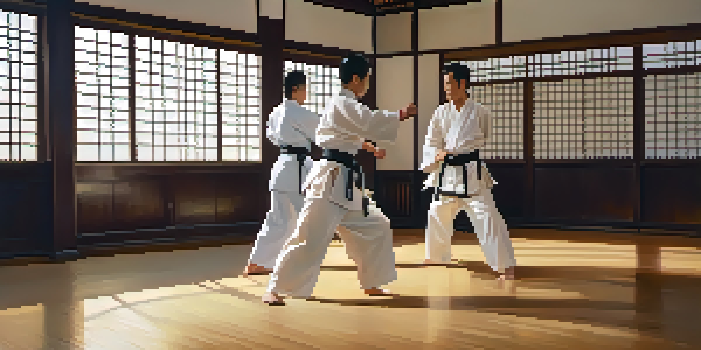 A diverse group of individuals practicing martial arts in a traditional dojo, with warm lighting and decorated walls.