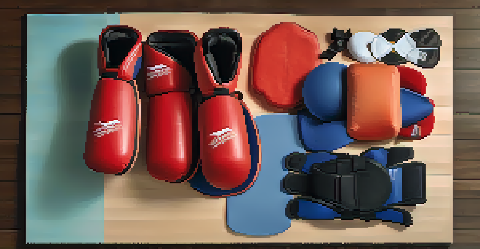 Overhead view of a dojo mat with various protective gear arranged neatly, highlighting safety in martial arts.