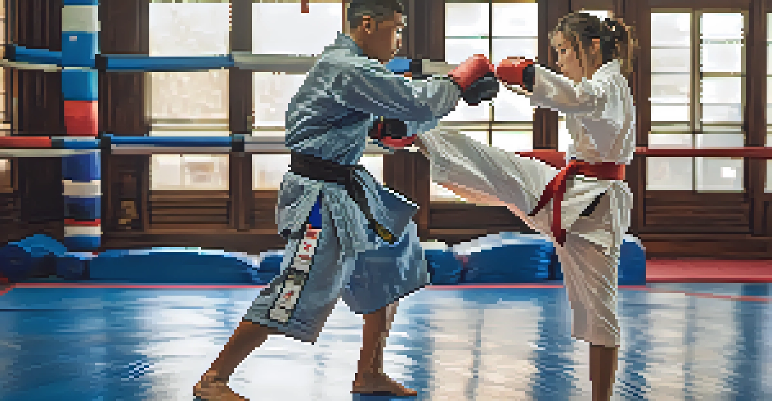 Two martial artists sparring in a gym, one performing a high kick while the other prepares to counter.