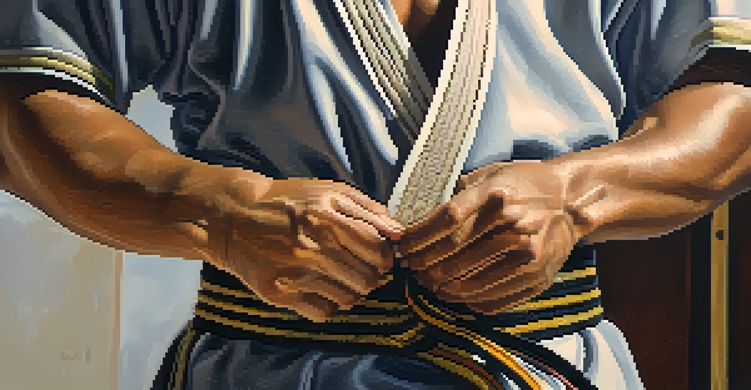 A close-up of a martial artist tying their belt, capturing focus and determination with a softly blurred background.