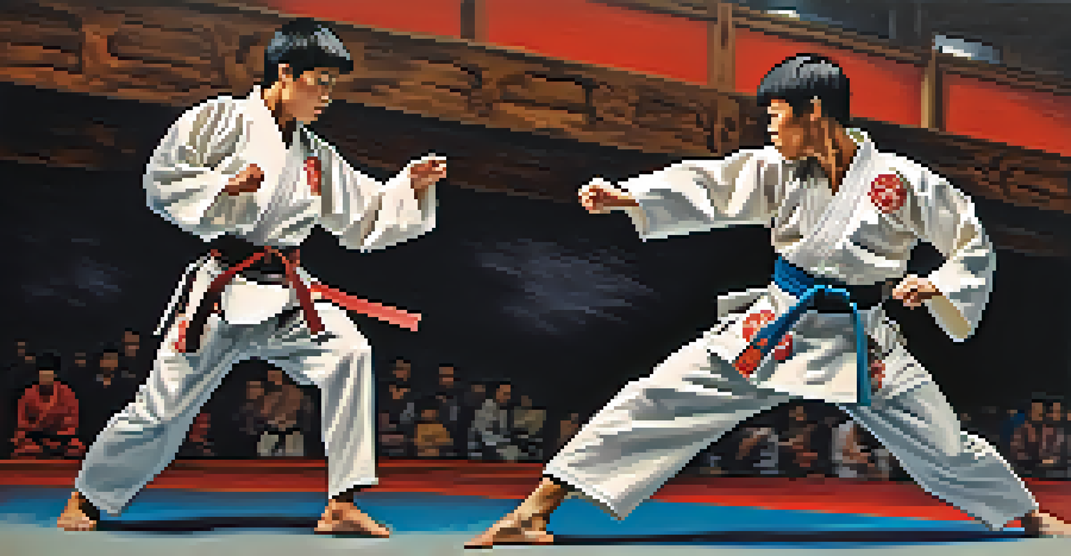Two martial artists sparring with intense expressions, showcasing their techniques in a dojo.