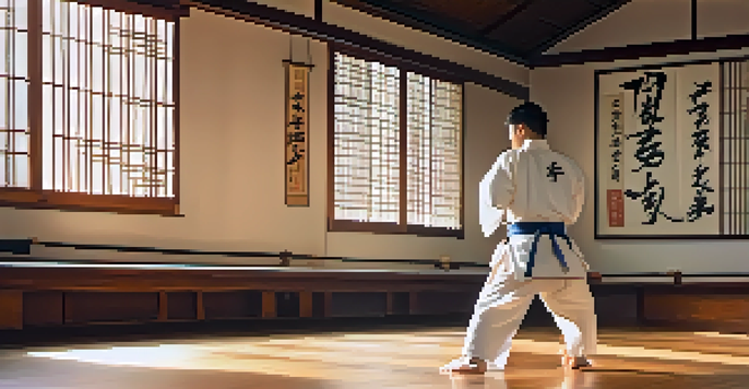 A tranquil martial arts dojo with a martial artist practicing kata in a white gi, illuminated by natural light.