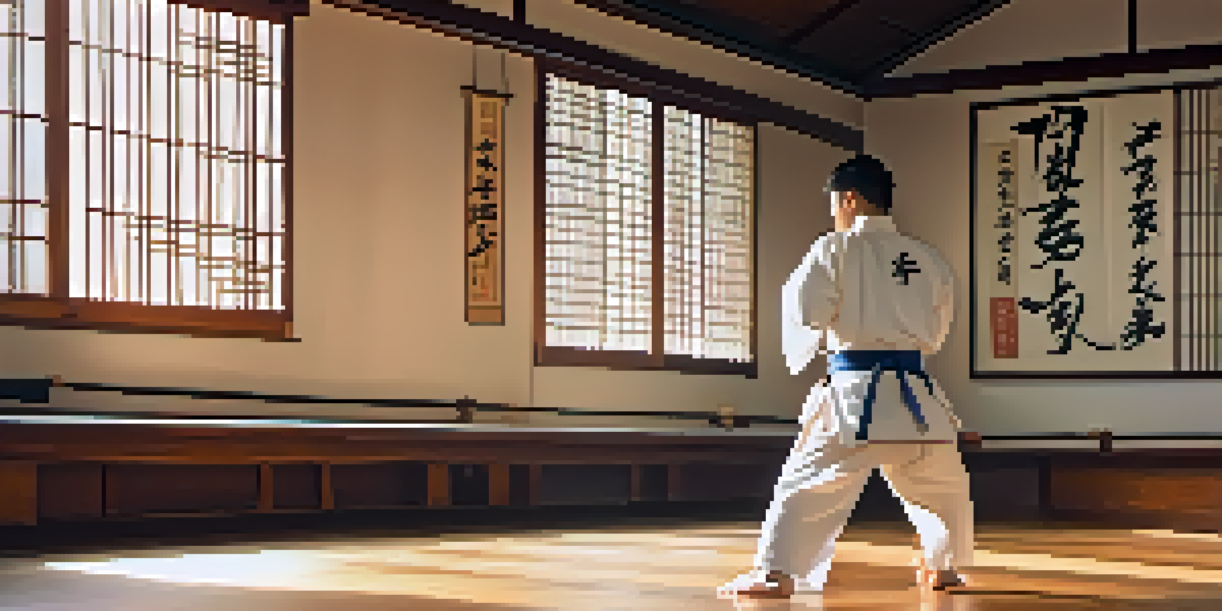 A tranquil martial arts dojo with a martial artist practicing kata in a white gi, illuminated by natural light.