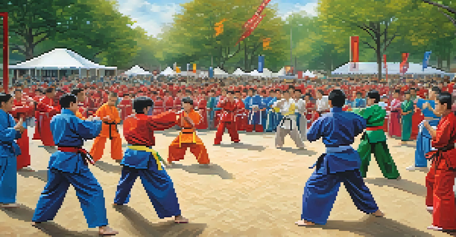 A lively community martial arts event with practitioners showcasing their skills and spectators cheering.