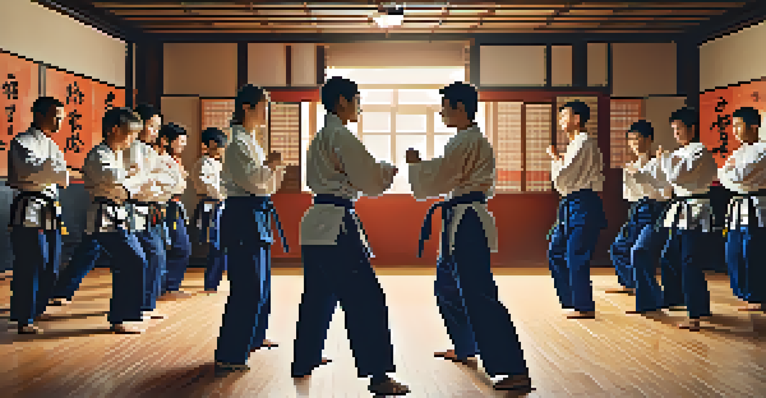 A group of martial arts students encouraging each other during a training drill in a dojo, showcasing resilience and camaraderie.