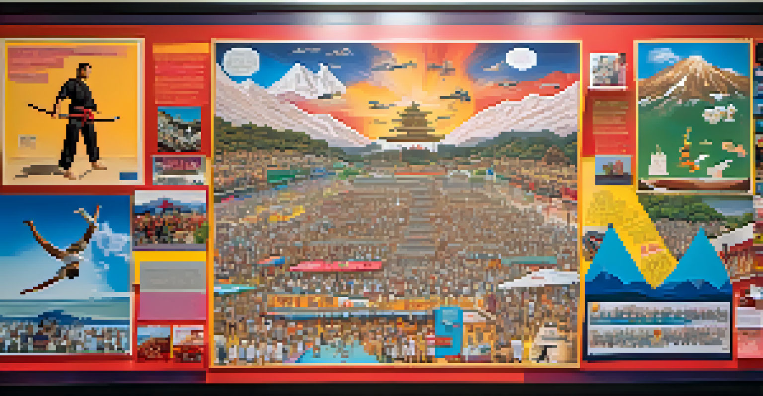 A colorful vision board created by martial artists, displaying images and phrases that represent their goals, set in a training camp environment.