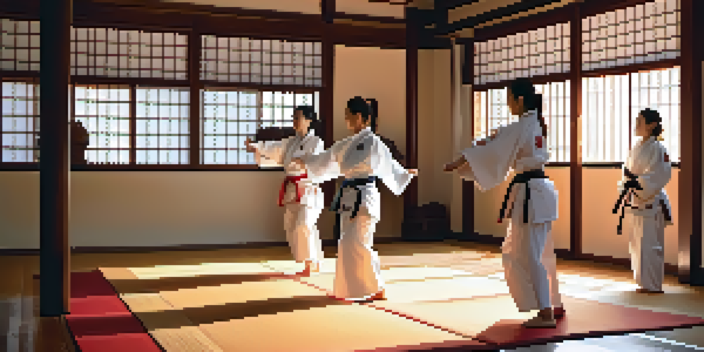 A diverse group of women practicing martial arts in a traditional dojo with warm sunlight and colorful uniforms.