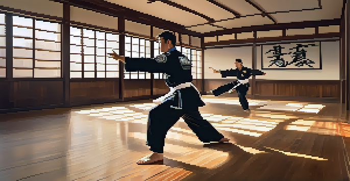 A police officer in a traditional martial arts uniform performing a kick in a dojo with sunlight filtering in.