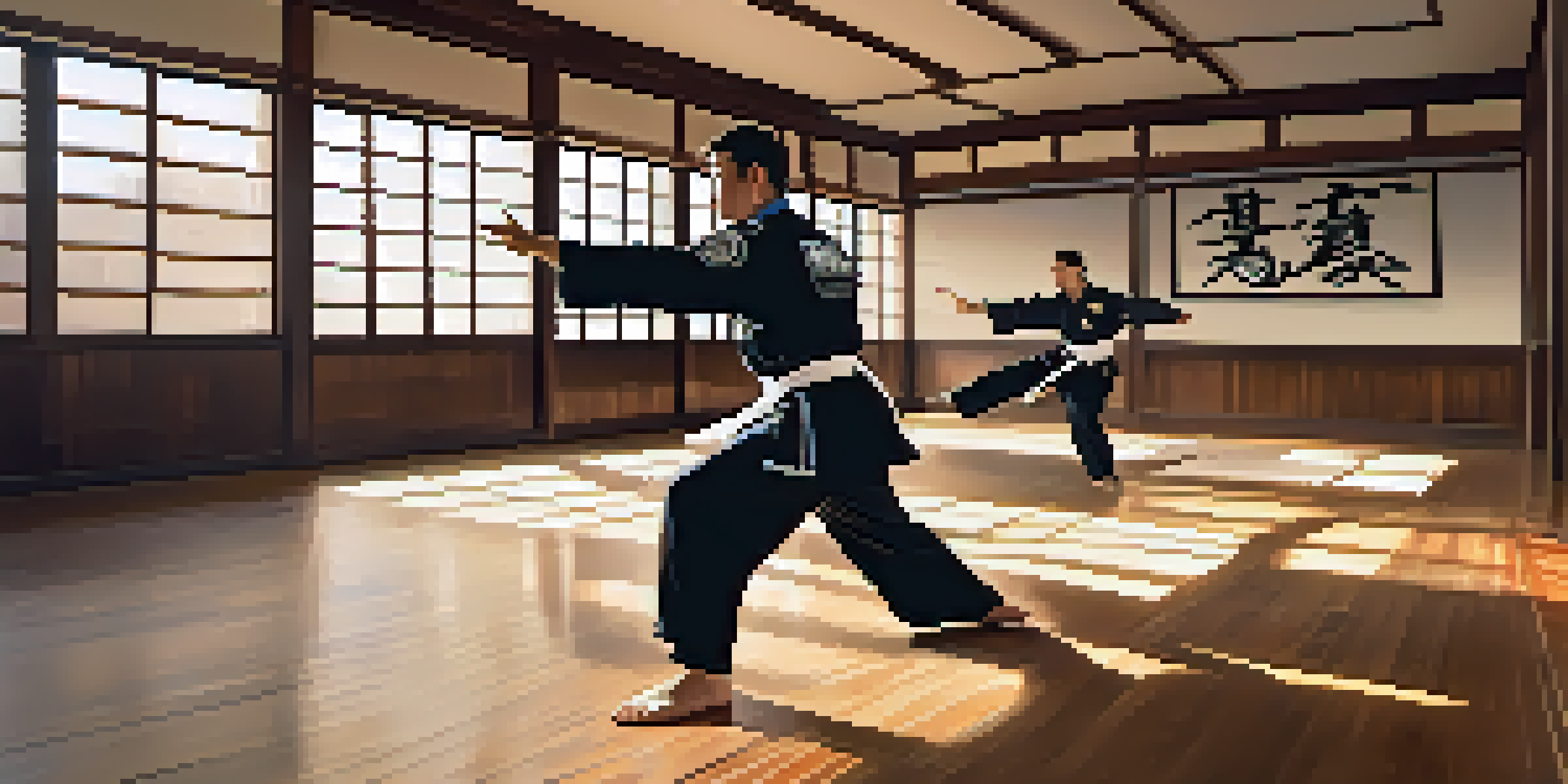 A police officer in a traditional martial arts uniform performing a kick in a dojo with sunlight filtering in.