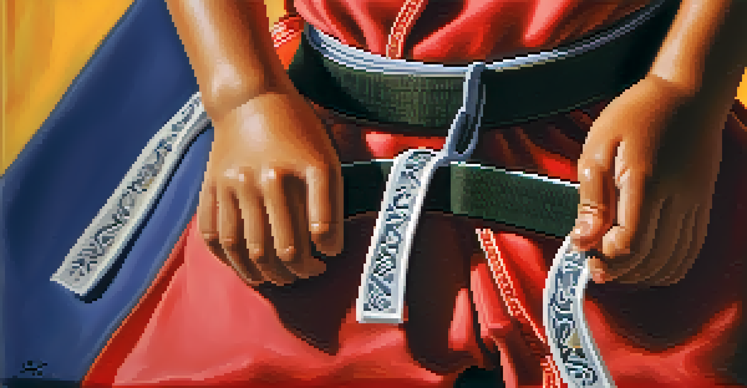 A close-up of a child's hands gripping a martial arts belt, symbolizing achievement in a dojo setting.