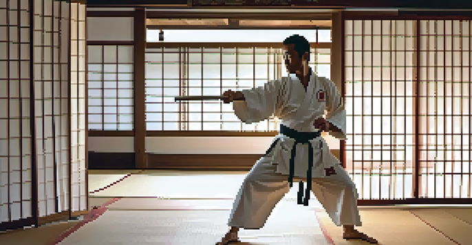 A focused martial artist performing a kata in a traditional dojo, with natural light illuminating the space.