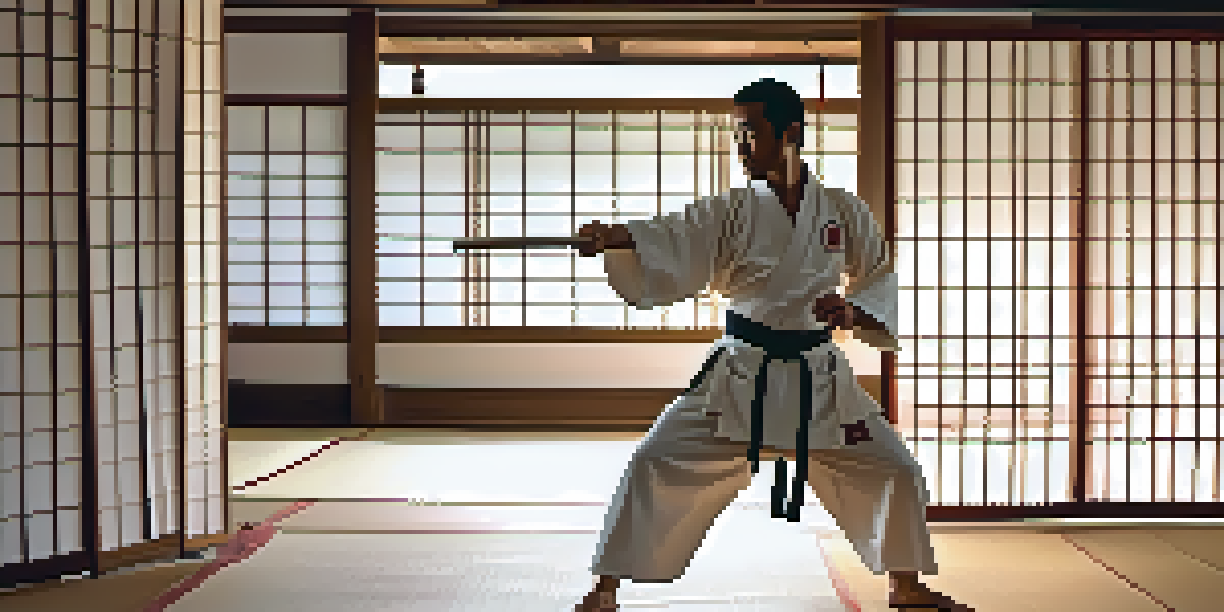 A focused martial artist performing a kata in a traditional dojo, with natural light illuminating the space.