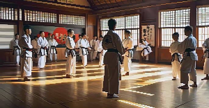 A bright dojo filled with martial arts practitioners training together, showcasing diversity and teamwork.