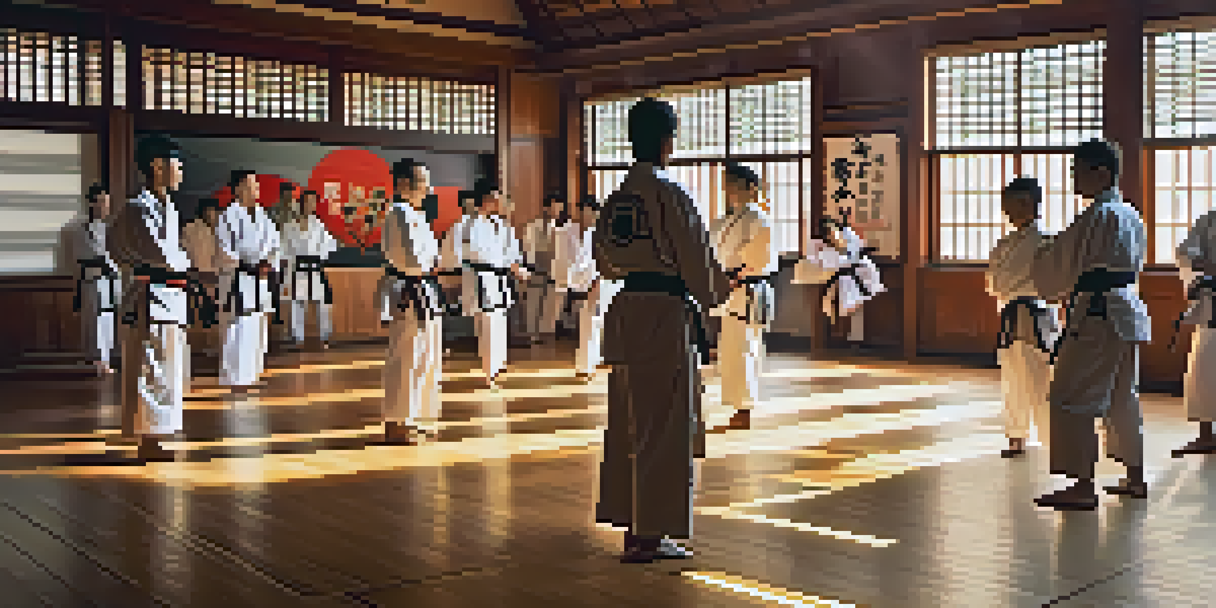 A bright dojo filled with martial arts practitioners training together, showcasing diversity and teamwork.