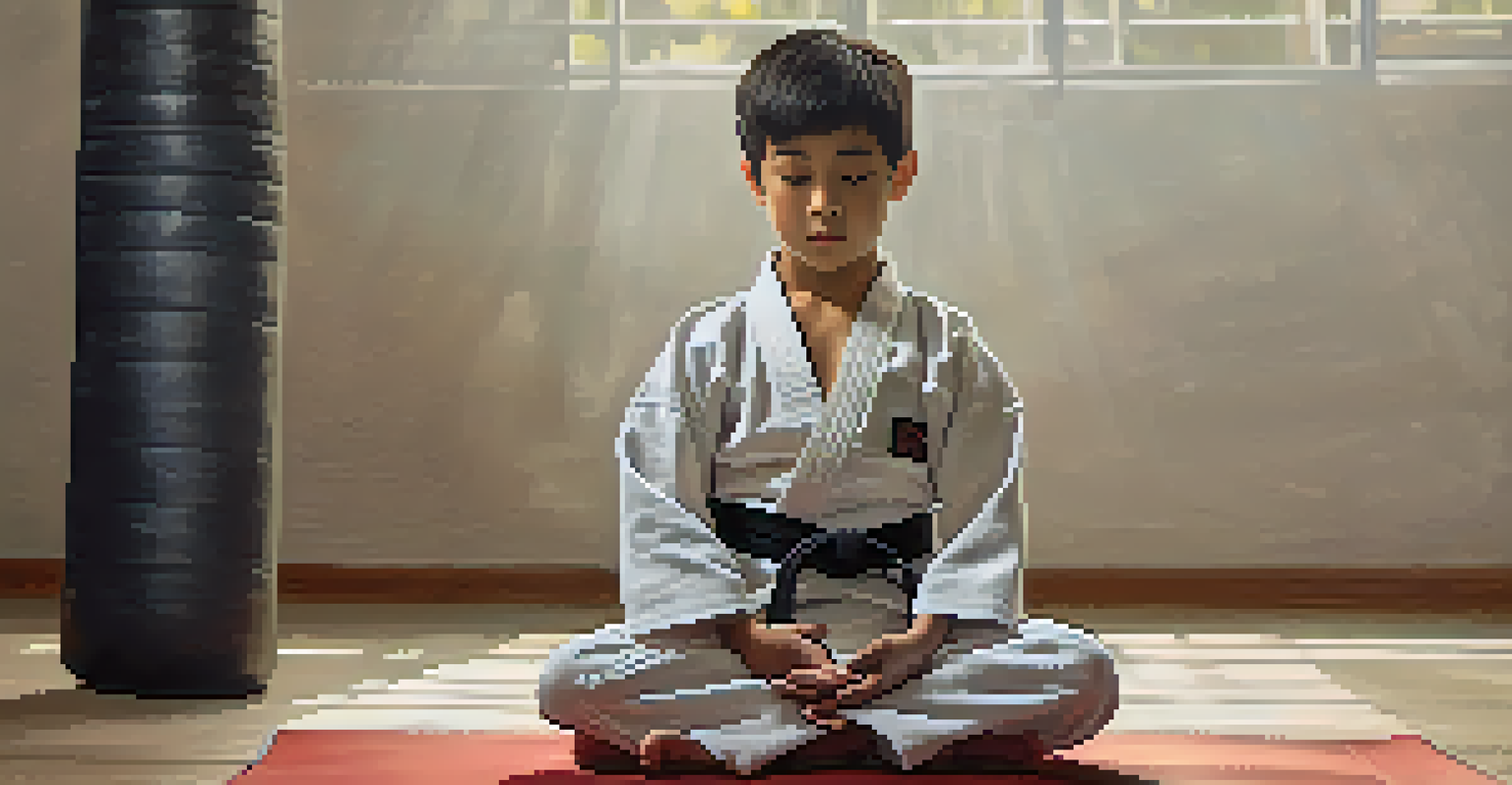 A young martial artist meditating on a training mat in a calm dojo, showcasing focus and emotional regulation.