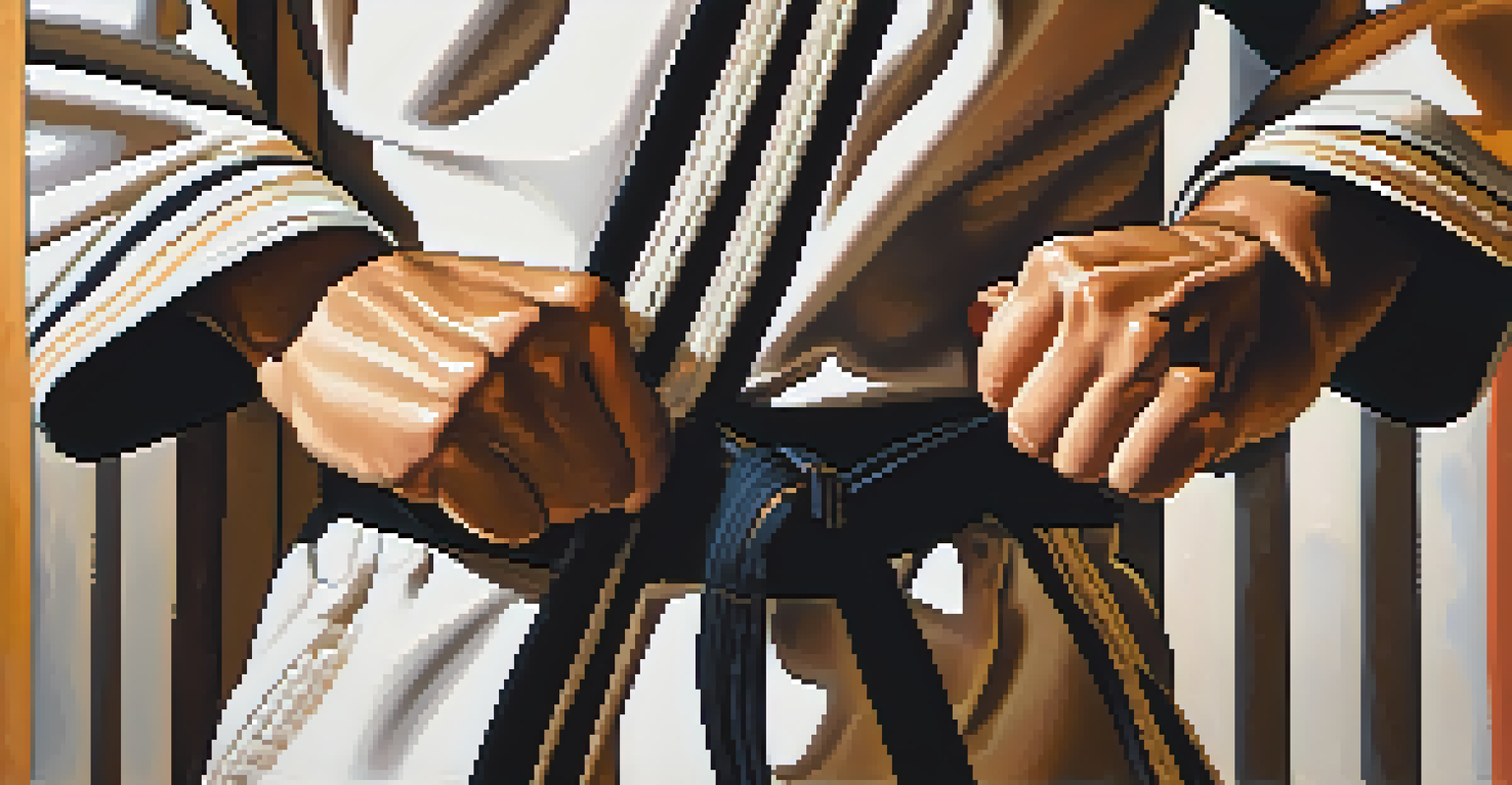 Close-up of a martial artist's hands in a focused pose with colorful belts in the background.