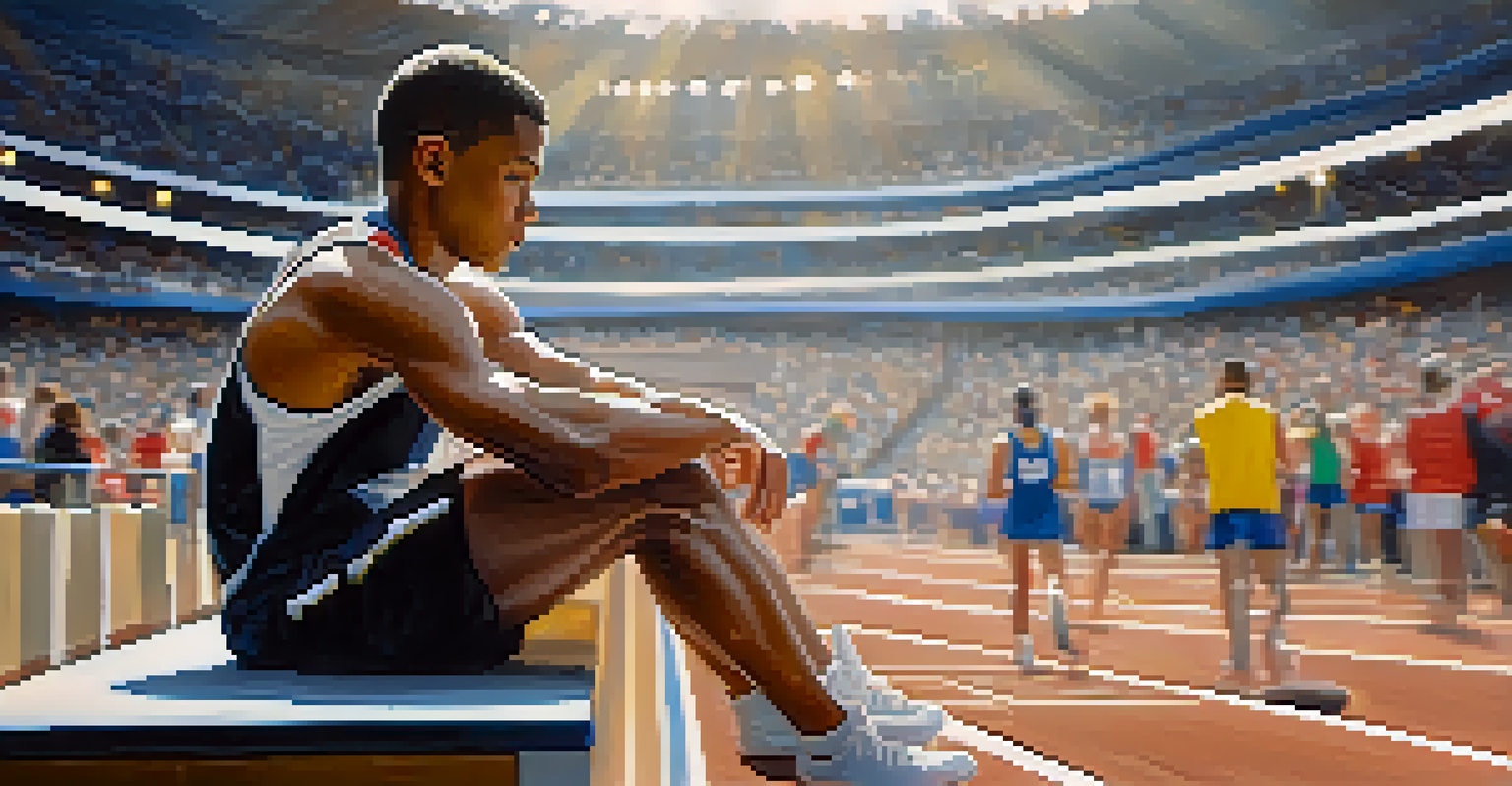 A focused athlete sitting on a bench, visualizing success with a determined expression, against a softly blurred sports arena background.