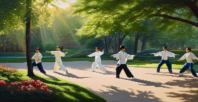 A group of people performing tai chi in a bright park, surrounded by greenery and flowers, with soft sunlight filtering through the trees.