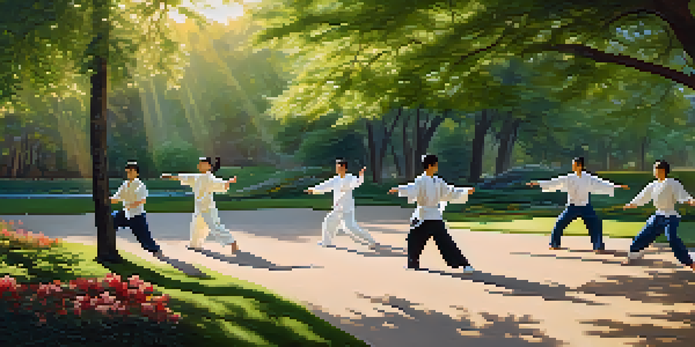 A group of people performing tai chi in a bright park, surrounded by greenery and flowers, with soft sunlight filtering through the trees.