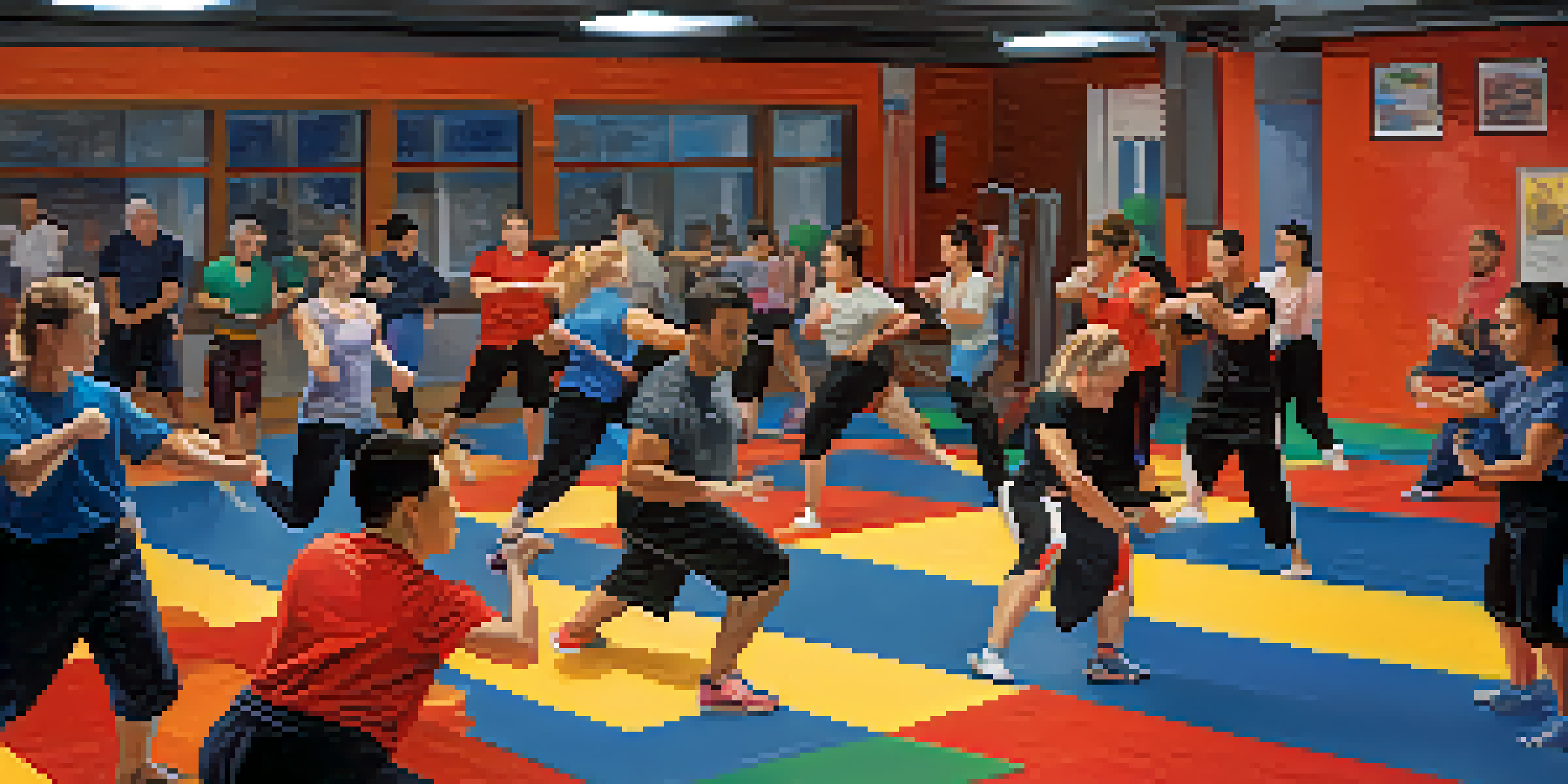 A diverse group of individuals practicing self-defense techniques in a modern gym, emphasizing strength and teamwork.