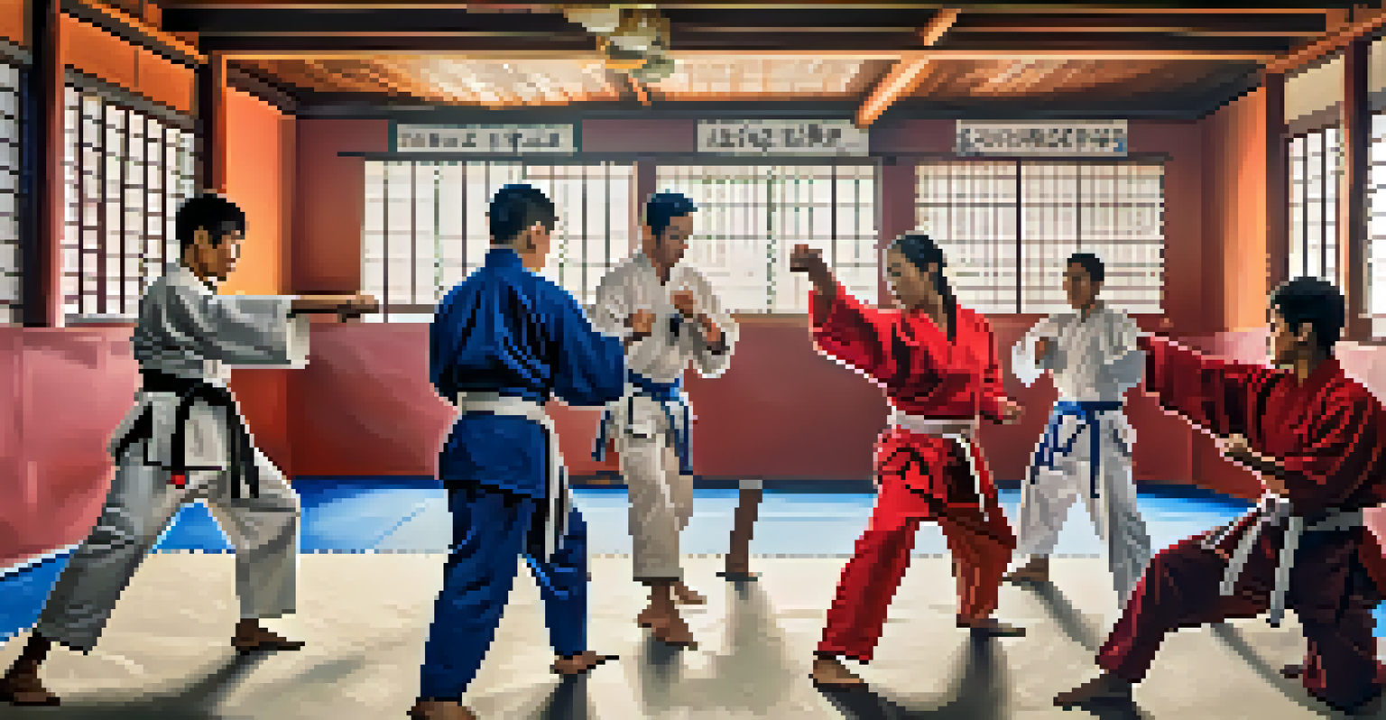A diverse group of martial arts practitioners sparring together in a dojo, highlighting teamwork and community spirit.