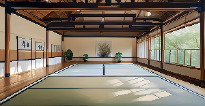 A peaceful martial arts dojo with practitioners performing mindful movements in a serene environment.