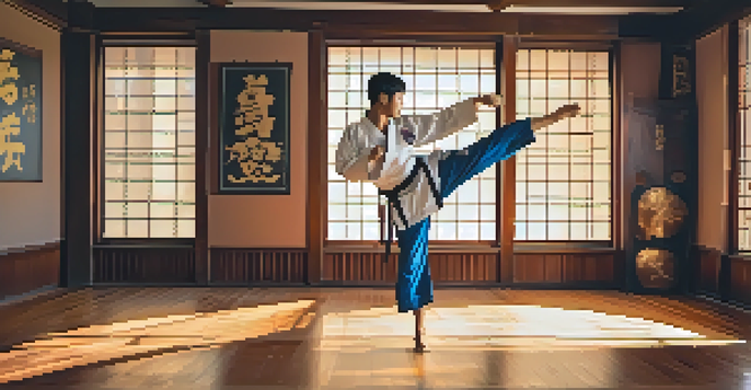 A Taekwondo practitioner performing a spinning heel kick in a dojo, with sunlight illuminating the scene and traditional decor around.