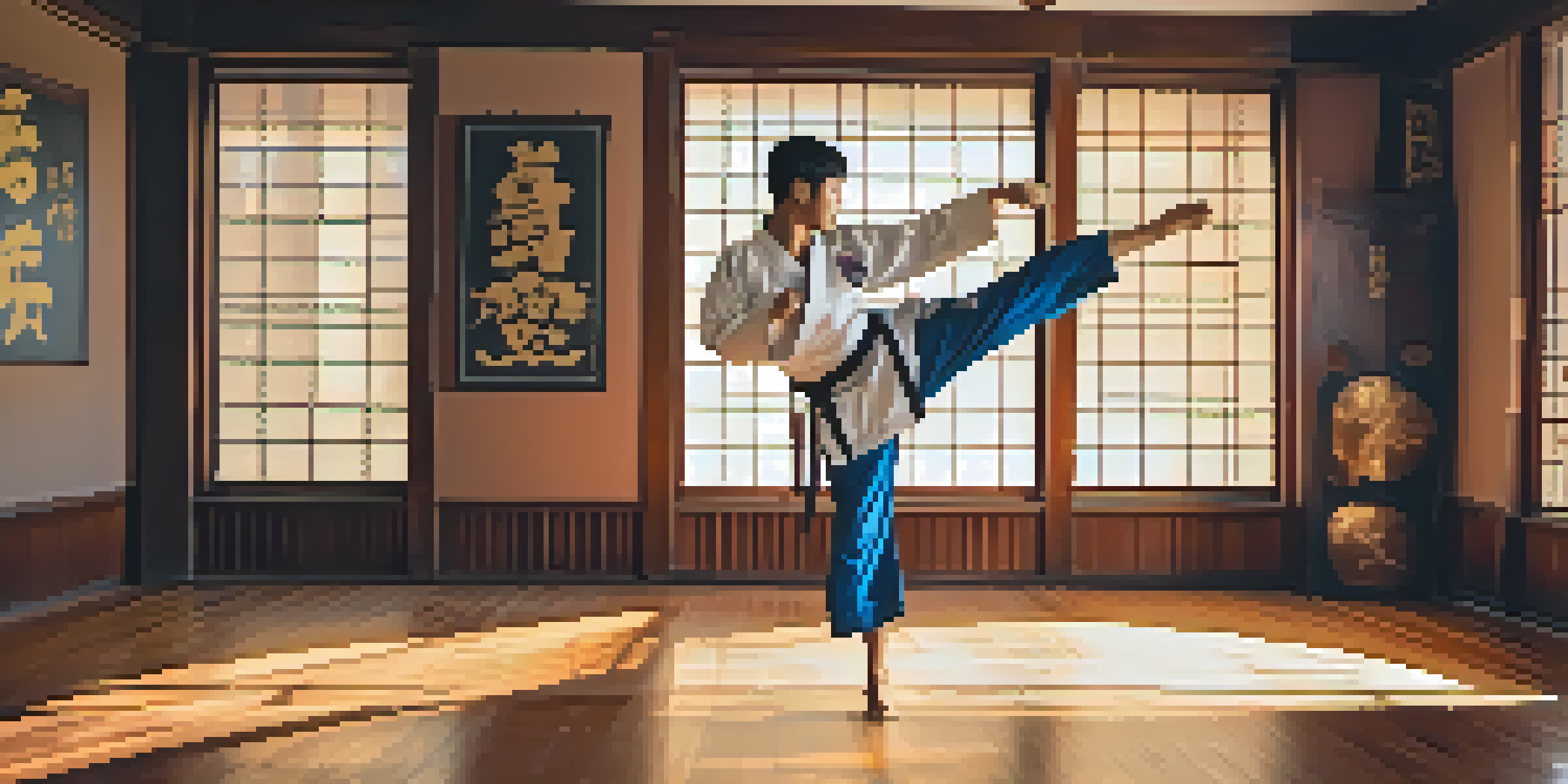 A Taekwondo practitioner performing a spinning heel kick in a dojo, with sunlight illuminating the scene and traditional decor around.