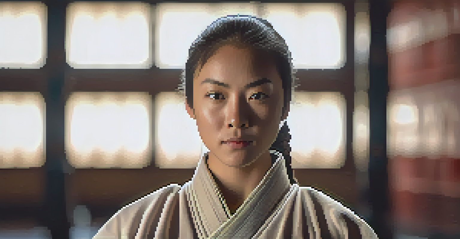 A close-up portrait of a confident woman in martial arts attire, showcasing her determination and strength.