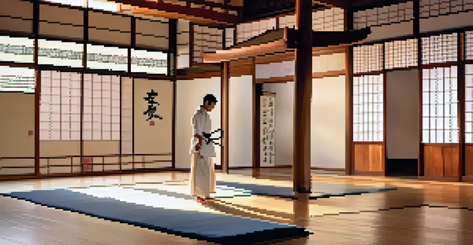 A peaceful martial arts dojo at dawn with a practitioner performing kata and sunlight streaming through screens.