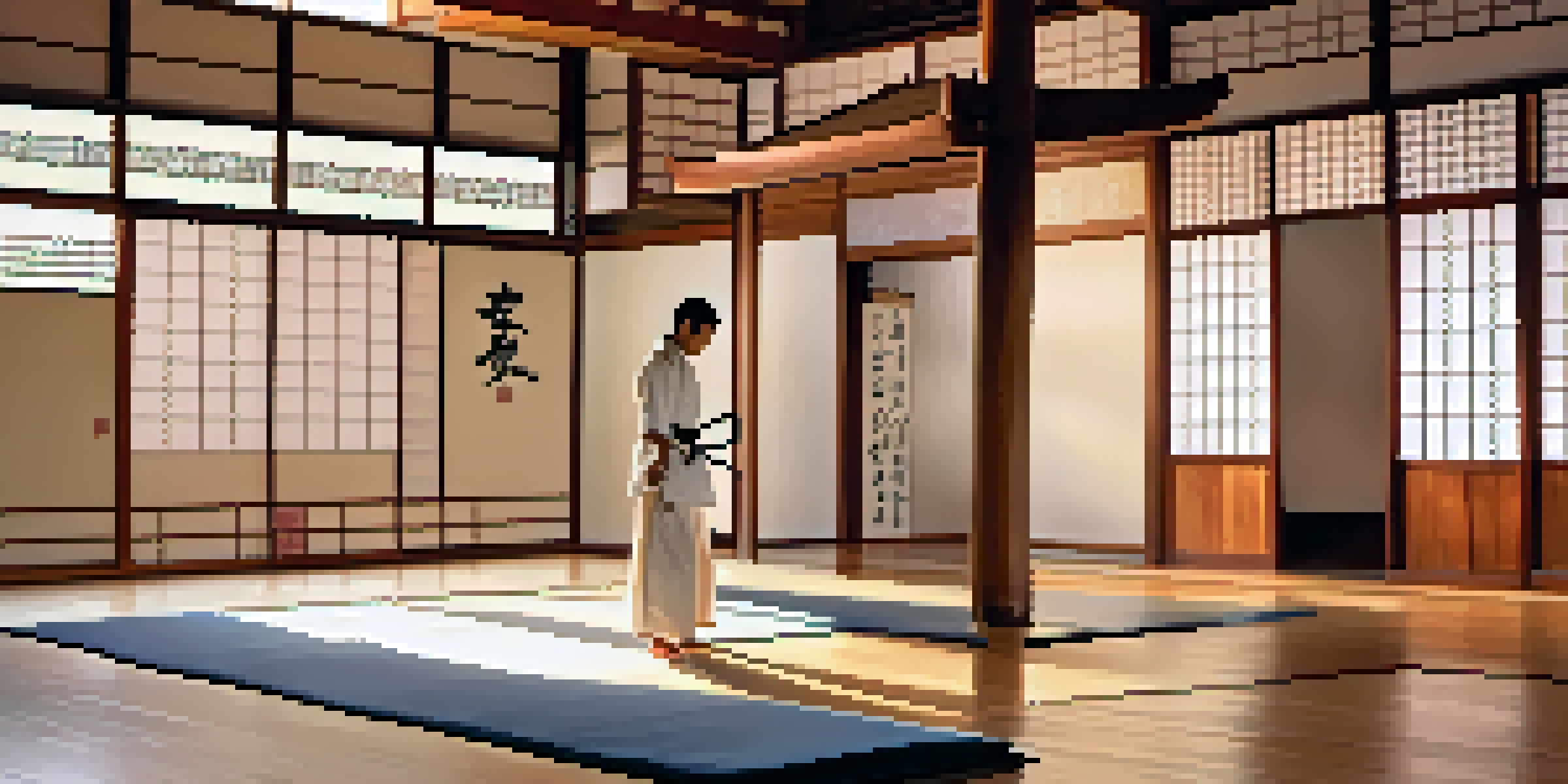 A peaceful martial arts dojo at dawn with a practitioner performing kata and sunlight streaming through screens.