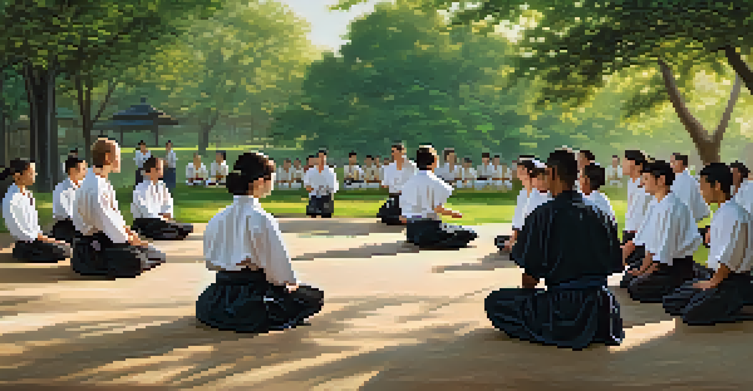 Martial arts instructor demonstrating techniques to students in a park.