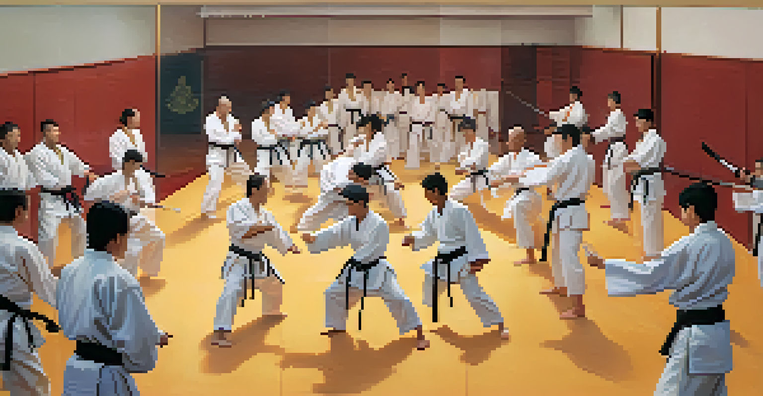 A dynamic martial arts training class with practitioners sparring and instructors providing guidance in a well-lit dojo.