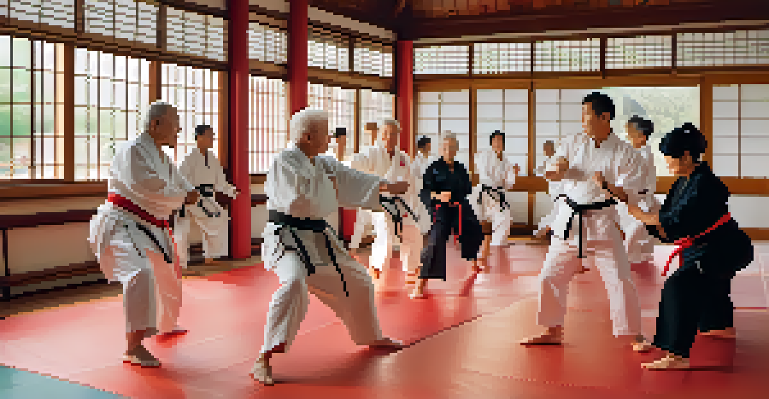 Seniors practicing karate in a dojo, showcasing concentration and energy, with sunlight streaming through the windows.