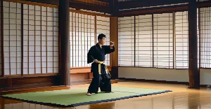 A practitioner performing a kata in a tranquil dojo surrounded by bamboo and traditional decor.