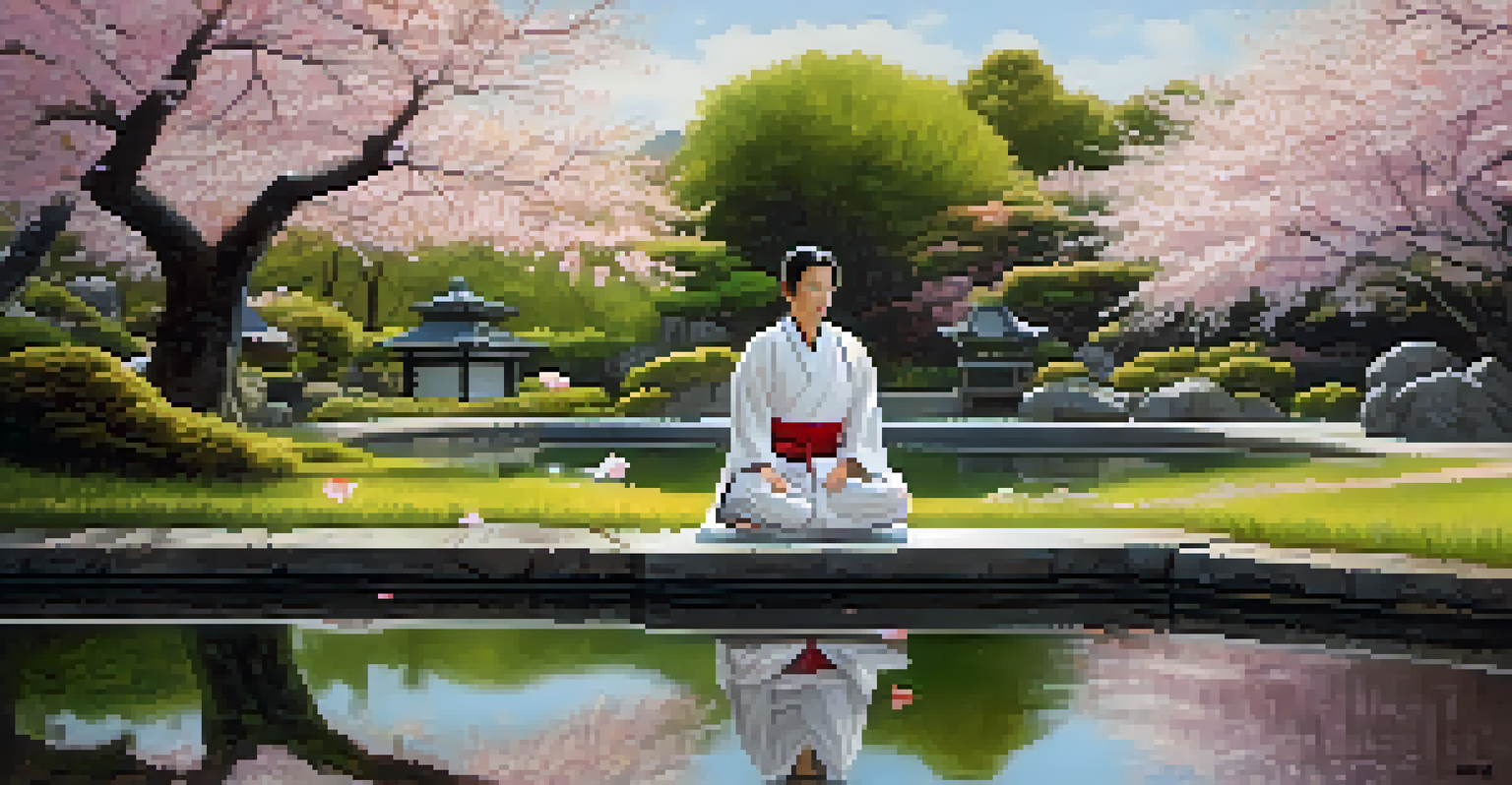A martial artist meditating in a Japanese garden surrounded by cherry blossoms and a reflective pond, creating a serene and peaceful scene.