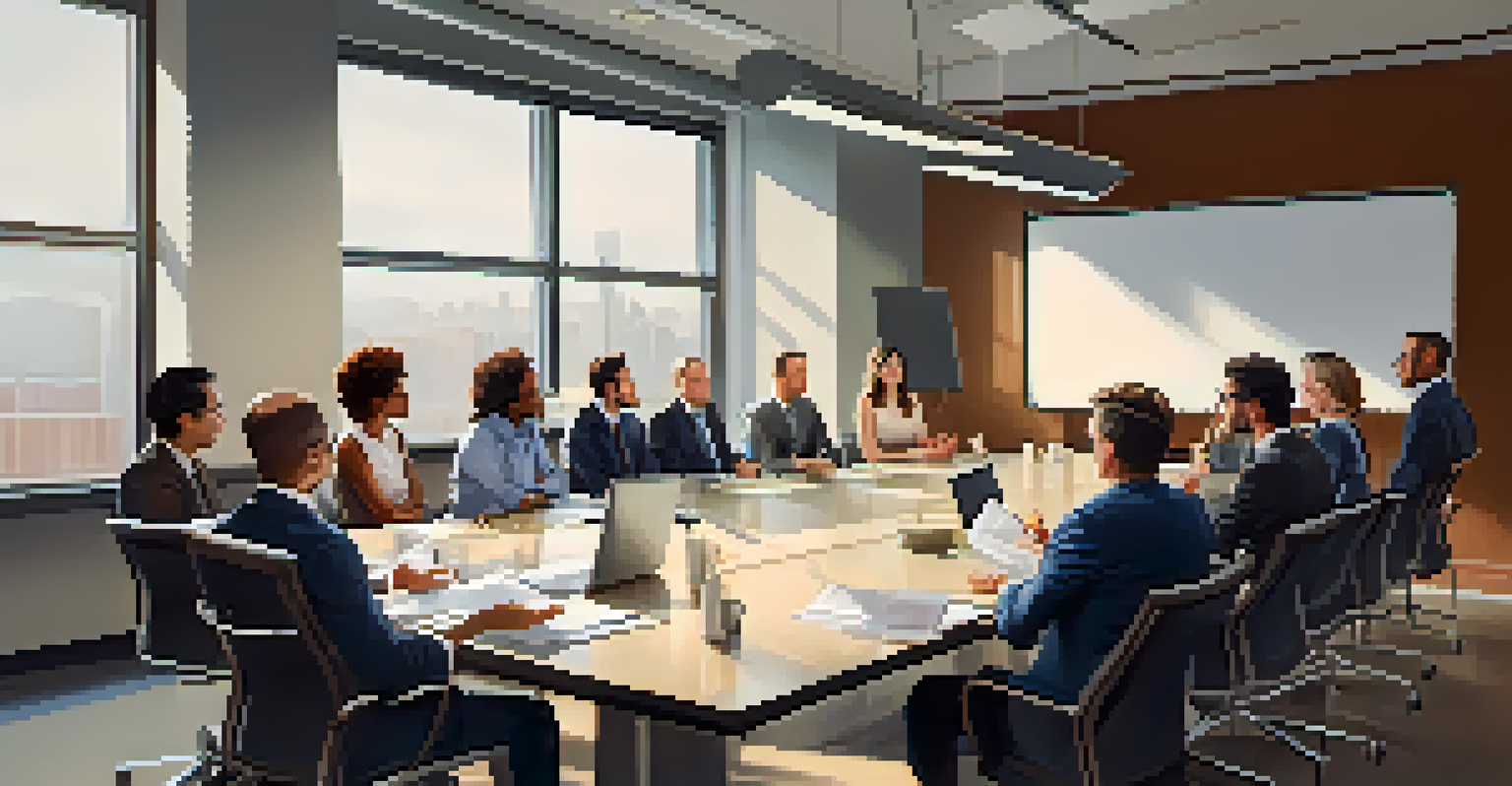 A diverse group of professionals engaged in a respectful discussion around a large table in a modern office setting.