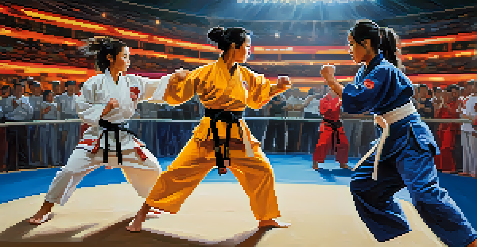 Female martial artists competing in a lively arena, demonstrating strength and skill with an enthusiastic audience in the background.