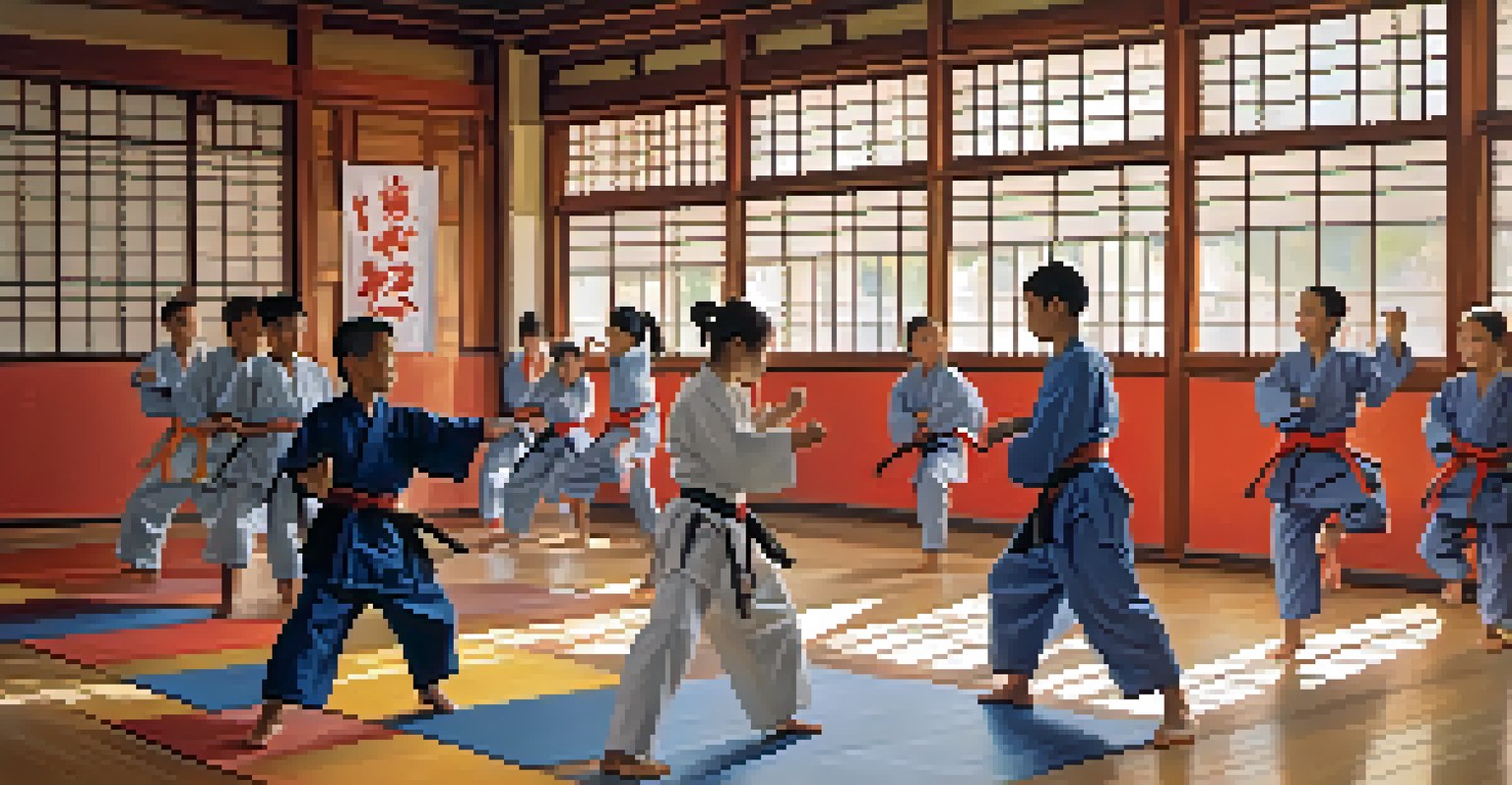 A diverse group of martial arts students practicing kicks in a class, with an instructor guiding them.