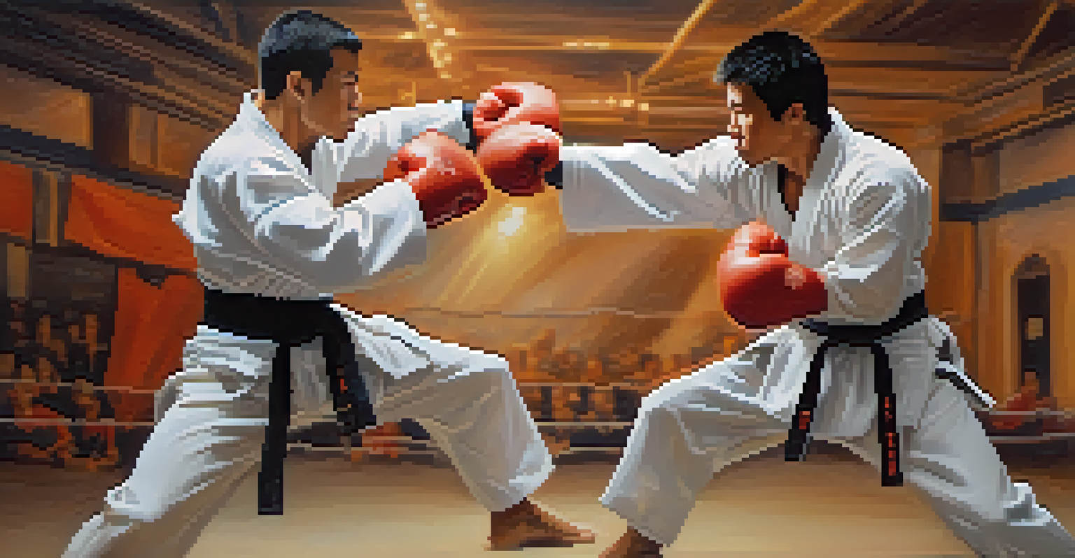 Two martial artists sparring in a ring, showcasing their agility and flexibility.