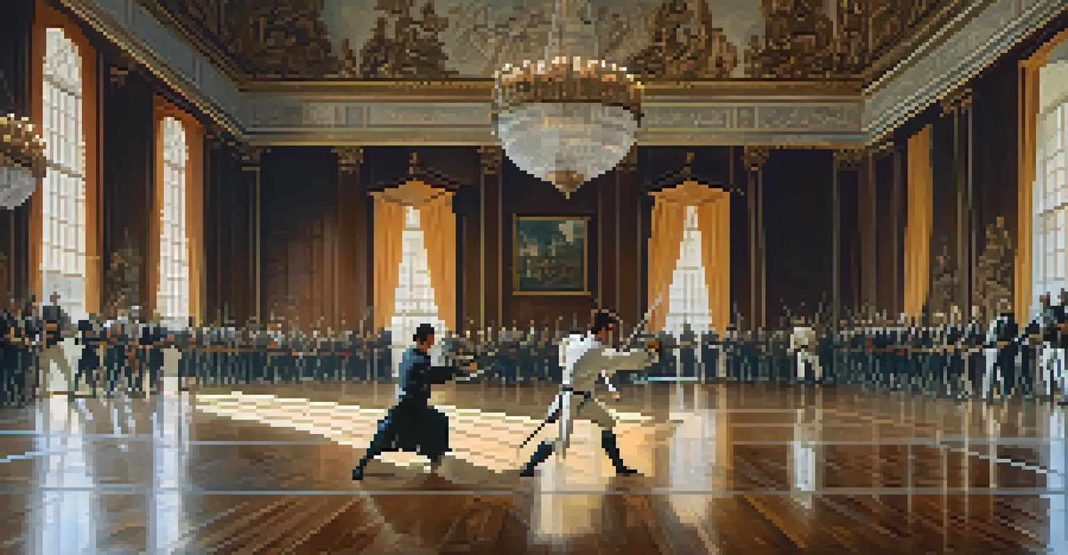 An 18th-century fencing duel in a grand ballroom, highlighting the elegance and dynamic movement of the fencers.