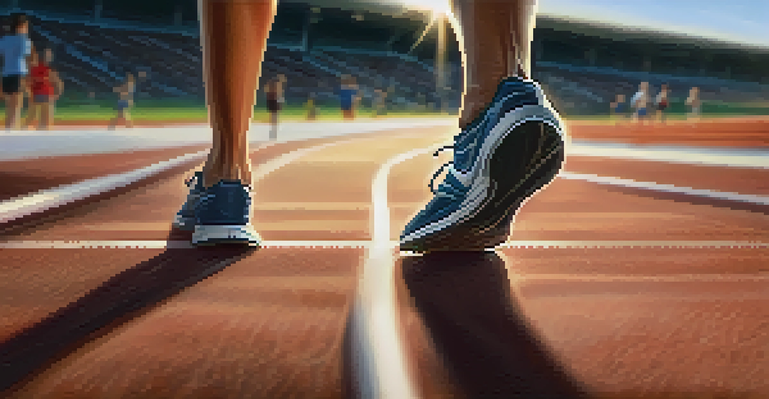 A close-up of a runner's feet on a track, showing determination in their expression against a blurred background.