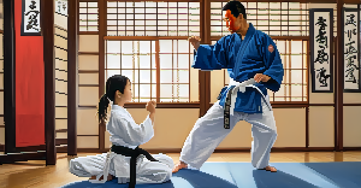 An instructor teaching a young girl proper technique in a martial arts class, surrounded by warm light and dojo decor.